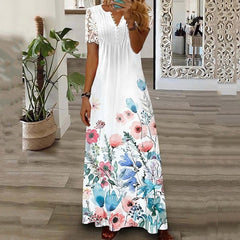 Floral Print Lace Patchwork Maxi Dress Women Short Sleeve V-Neck Casual Beach Vacation Summer