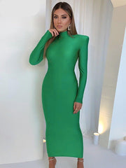 Long Sleeve Shoulder Pad Bodycon Maxi Dress Women Elegant Club Party Casual Fashion