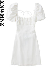Linen Blend Backless Midi Dress Women Square Neck Short Sleeve Casual Summer Fashion Dress