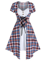 Plaid Faux Twinset Mini Dress Women 2-in-1 Short Sleeve Lace-Up Casual Fashion Dress