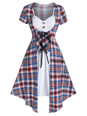 Plaid Faux Twinset Mini Dress Women 2-in-1 Short Sleeve Lace-Up Casual Fashion Dress