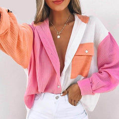 Patchwork Shirt Women Casual Chic Colorblock Everyday Spring Summer Fashion Top