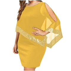 Plus Size Cold Shoulder Sequin Chiffon Dress Women Asymmetric Strapless Elegant Party Fashion