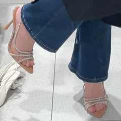 Rhinestone High Heel Sandals Women Sparkly Elegant Party Wedding Guest Spring Summer Fashion