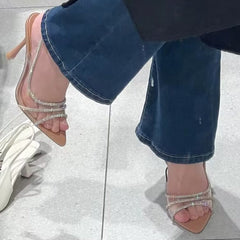 Rhinestone High Heel Sandals Women Sparkly Elegant Party Wedding Guest Spring Summer Fashion