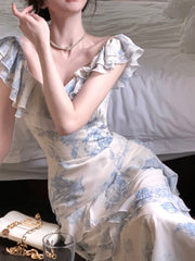 Floral Printed Ruffled Patchwork Maxi Dress Women Double Ruffle Elegant Casual Fashion Dress