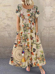 Plus Size Floral Print Boho Maxi Dress Women Vintage Short Sleeve Loose Casual Summer Fashion