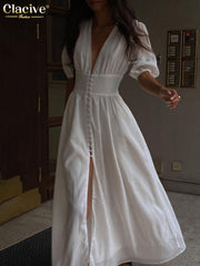 Puff Sleeve Maxi Dress Women White Elegant V-Neck Button Casual Party Wedding Guest Fashion