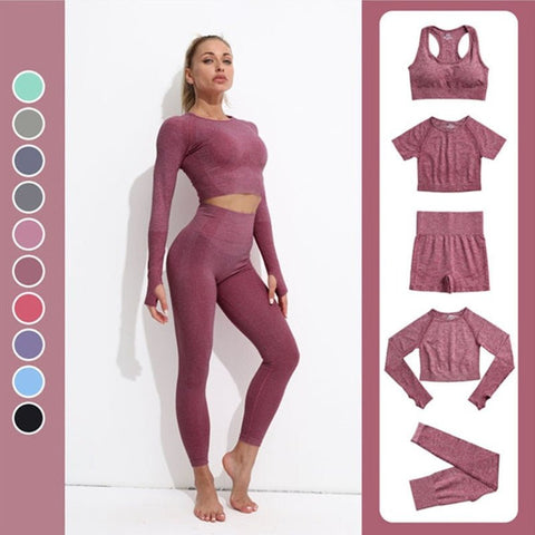 High Waist Yoga Set Women 2-Piece Long Sleeve Crop Top Leggings Gym Workout Fitness Fashion