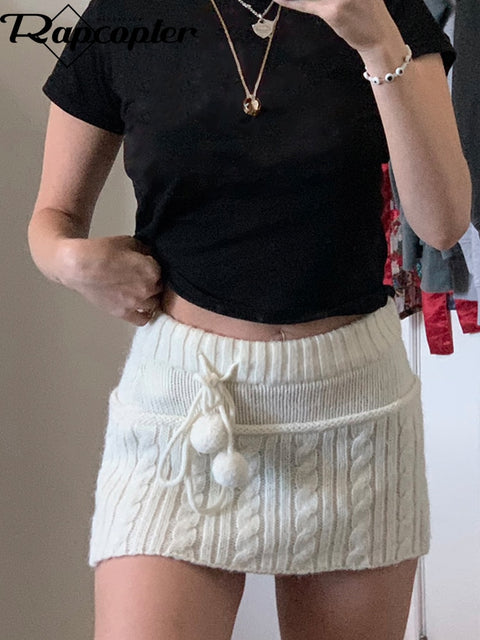 Y2K Knitted Puff Ball Mini Skirt Women Cream Vintage Drawstring Retro Aesthetic Casual Fashion