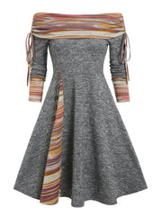 Plus Size Striped Flare Long Sleeve Dress Women Convertible Neck Cinched Party Fashion