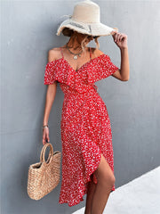 Floral Print Slit Midi Dress Women V-Neck Casual Chic Beach Vacation Summer Fashion Dress
