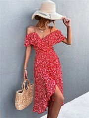 Floral Print Slit Midi Dress Women V-Neck Casual Chic Beach Vacation Summer Fashion Dress