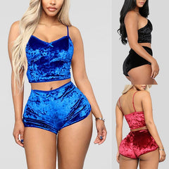 Velvet Pajama Set Women 2-Piece Shorts Top Party Casual Loungewear Sleepwear Fashion