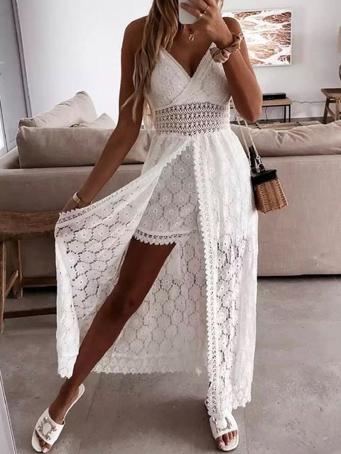 Boho Lace Floral Maxi Dress Women White Black Casual Beach Vacation Summer Fashion Dress