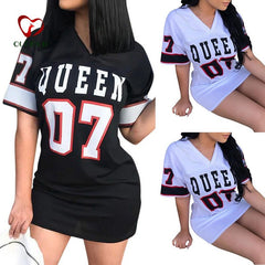 Queen Letter Print Shirt Dress Women Mini Sports Long Sleeve Casual Everyday Fashion Dress
