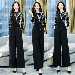 Spliced Print Blouse & Wide Leg Pant Set Women 2-Piece Casual Elegant Fashion Outfit