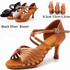 Satin Latin Dance Shoes Women Professional Soft Sole Ballroom High Heel Authentic Fashion