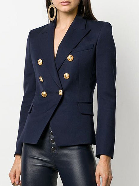 Double Breasted Blazer Women Slim Fit Gold Button Chic Elegant Office Casual Fashion Jacket
