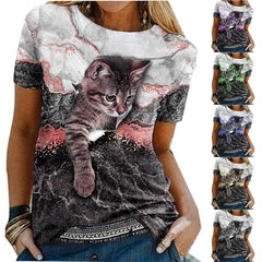 Cat Graphic Print T-Shirt Women 3D Animal Painting Round Neck Casual Everyday Fashion Tee