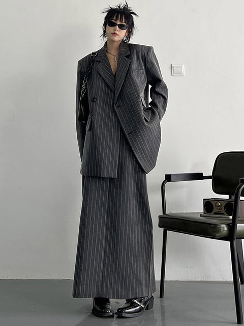Striped Pant Suit Women 2-Piece Long Sleeve Oversized Business Blazer Casual Office Fashion