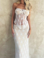 Off Shoulder Skirt Set Women 2-Piece Strapless Tube Top Sheer Low Waist Long Skirt Fashion