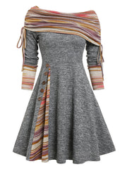 Plus Size Striped Flare Long Sleeve Dress Women Convertible Neck Cinched Party Fashion