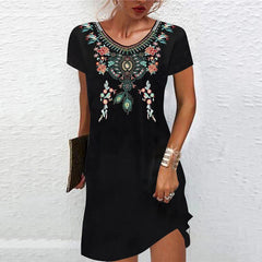 Floral Print Summer Dress Women Short Sleeve Round Neck Casual Beach Vacation Fashion Dress