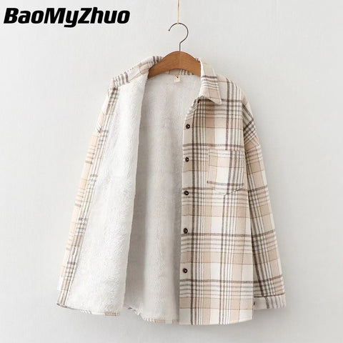 Velvet Plaid Flannel Jacket Women Thick Soft Warm Vintage Casual Fall Outerwear Fashion