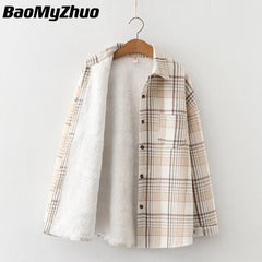 Velvet Plaid Flannel Jacket Women Thick Soft Warm Vintage Casual Fall Outerwear Fashion