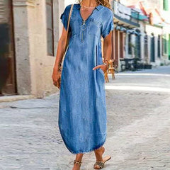 Denim Maxi Dress Women Elegant Single Breasted Long Stretchy Waist Blue Casual Fashion Dress