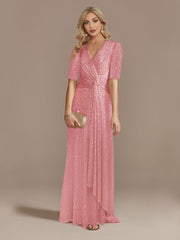 Long Sleeve V-Neck Sequin Dress Women Elegant Evening Party Wedding Guest Prom Fashion