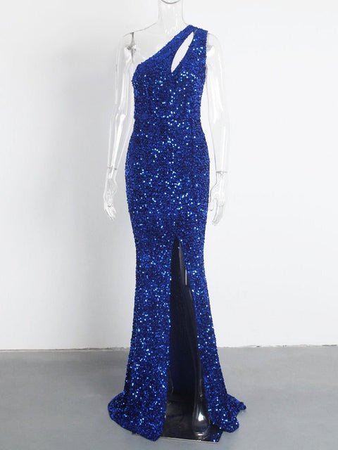 Royal Blue Hollow Out Velvet Cocktail Gown Women Shiny Elegant Party Wedding Guest Fashion