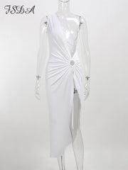 One Shoulder Ankle-Length Dress Women Sleeveless Elegant Party Casual Summer Fashion