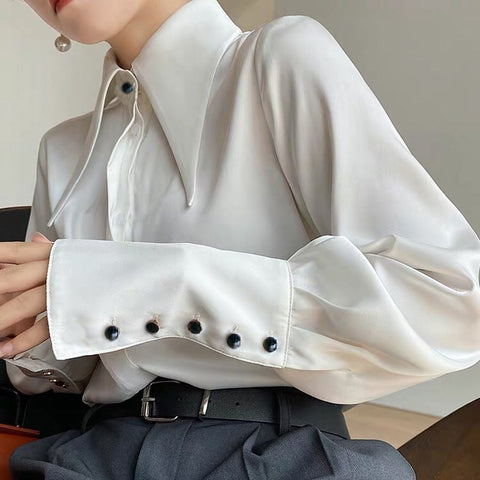 Satin Blouse Women Elegant Large Turndown Collar Long Sleeve Vintage White Yellow Autumn Winter