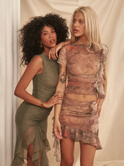 Two Piece Set Ruffle Print Short Sleeve Crop Top And Mini Skirt Matching Set