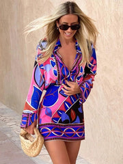Vintage Print Button-Up Collared Shirt Women Long Sleeve Casual Everyday Fashion Top