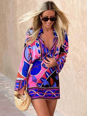 Vintage Print Button-Up Collared Shirt Women Long Sleeve Casual Everyday Fashion Top