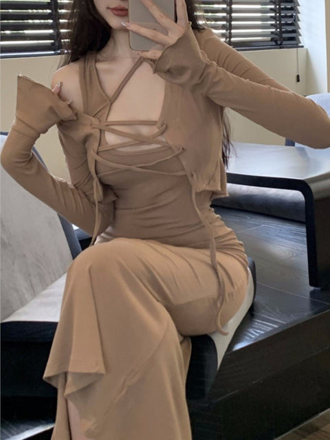 Bodycon Dress & Cardigan Set Women Elegant Strap 2-Piece Party Casual Chic Fashion Outfit