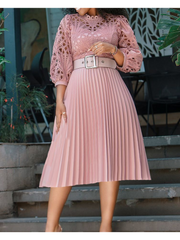 Plus Size Lace Cutout Puff Sleeve Midi Dress Women Chic Elegant Party Casual Fashion