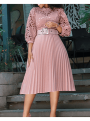 Plus Size Lace Cutout Puff Sleeve Midi Dress Women Chic Elegant Party Casual Fashion