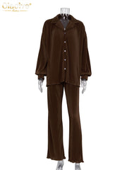 Collar Long Sleeve Top & Pants Set Women 2-Piece Casual Elegant Everyday Fashion Outfit