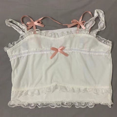 Fairy Core Bow Lace Ribbon Strap Tank Top Women College Style Casual Summer Fashion