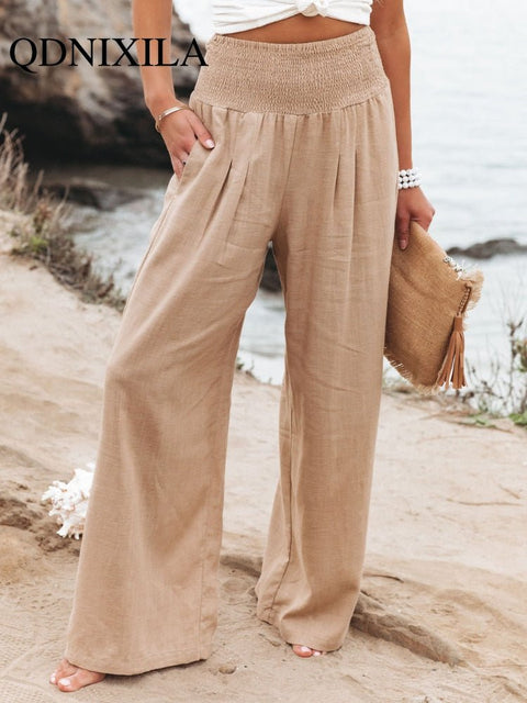 Cotton Linen Wide Leg Pants Women Loose Elastic Waist Long Casual Beach Vacation Spring Summer
