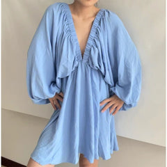Lantern Sleeve Backless Mini Dress Women Green Pleated Elegant Club Party Fashion Dress