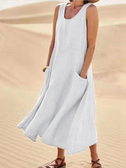 Plus Size Cotton Linen Midi Dress Women Solid V-Neck Sleeveless Loose Casual Summer Fashion