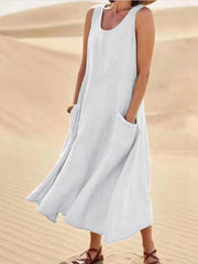 Plus Size Cotton Linen Midi Dress Women Solid V-Neck Sleeveless Loose Casual Summer Fashion