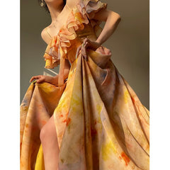 Ruffled Spaghetti Strap Midi Dress Women Printed A-Line Elegant Casual Party Fashion Dress
