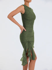 Ruffle Ruched Midi Dress Women Sleeveless Irregular Elegant Casual Party Fashion Dress