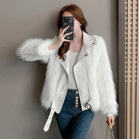 Short Faux Fur Coat Women Long Sleeve Zipper Sashes White Turn-Down Collar Winter Fashion